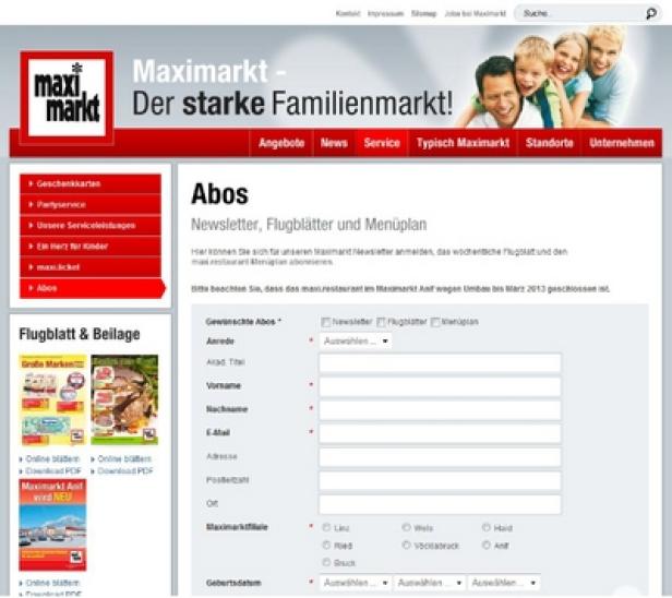 Maximakrt.at - Relaunch Juni 2012 - Reichl und Partner eMarketing Die Webseite von Maximarkt mit Anmeldeformularen für Newsletter und Flugblätter.