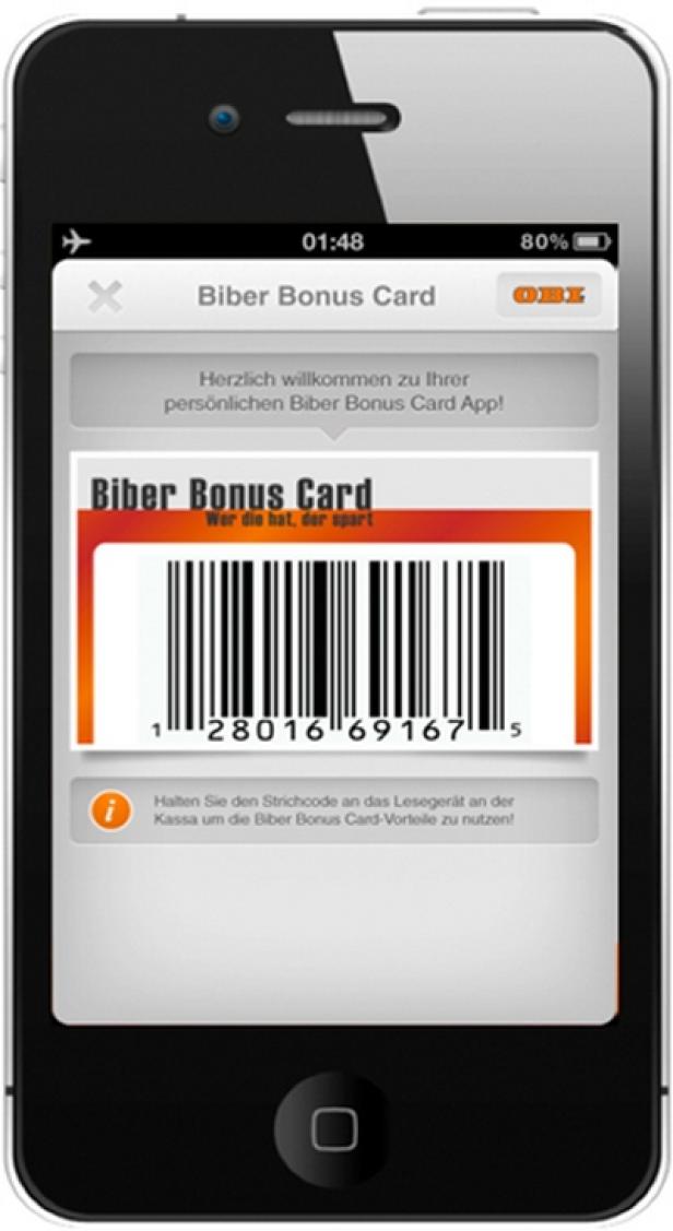 Auf dem Bildschirm eines Smartphones wird die Biber Bonus Card App angezeigt.