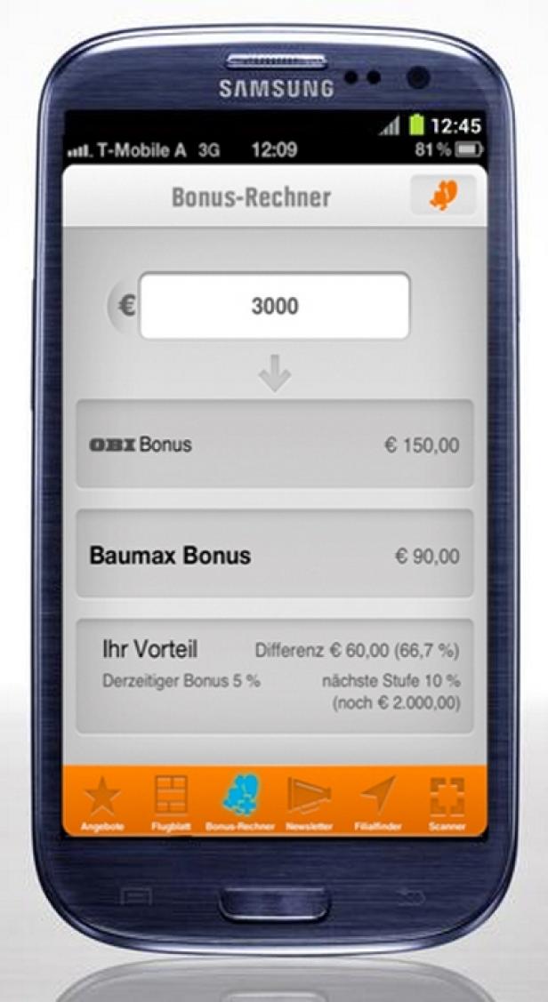 Auf einem Samsung-Smartphone wird eine App zur Berechnung von Boni für OBI und Baumax angezeigt.