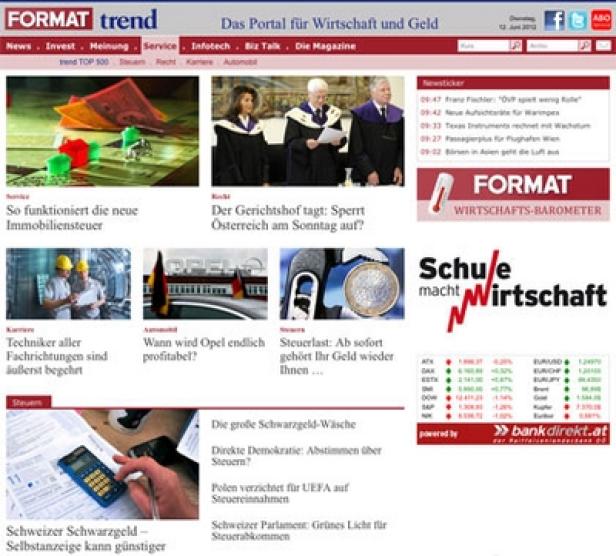 Die Startseite der deutschsprachigen Wirtschaftszeitung Format Trend vom 12. Juni 2012.