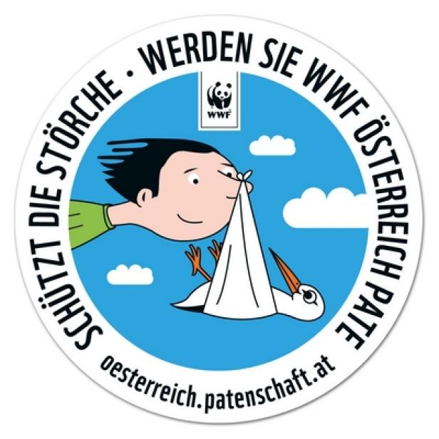 Eine stilisierte Darstellung eines Storches, der von einer Comicfigur gehalten wird, mit dem WWF-Logo.