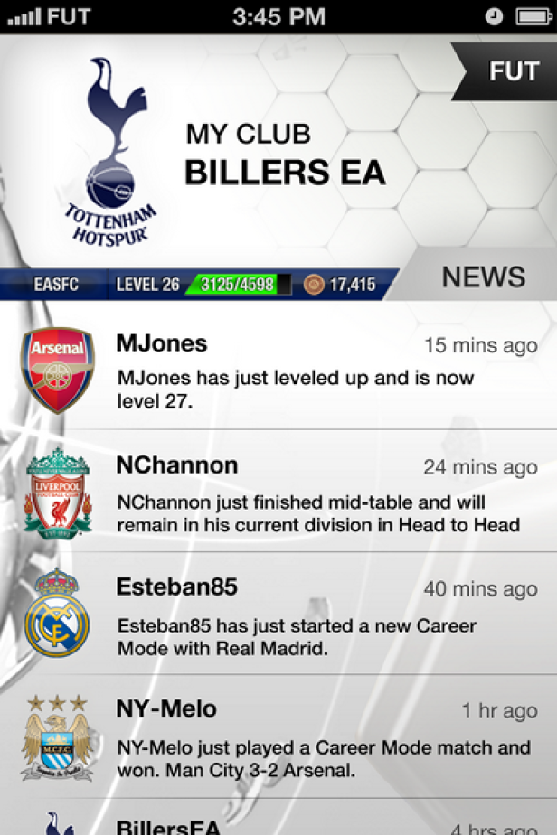 Ein Screenshot der FUT-App mit Nachrichten zu Spielergebnissen und Levelaufstiegen.