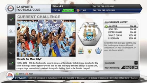 Ein Screenshot aus dem EA Sports Football Club, der eine Herausforderung zum Thema Manchester City zeigt.