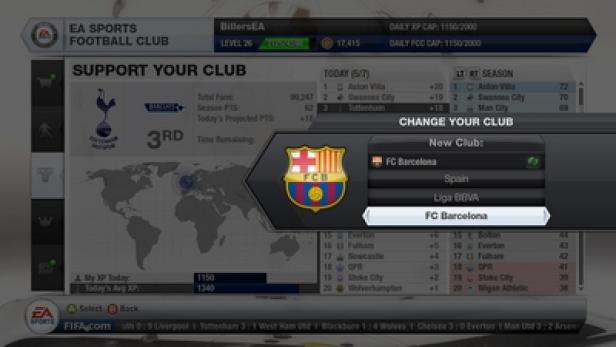 Ein Screenshot aus einem Fußballspiel, in dem der FC Barcelona als neuer Verein ausgewählt wird.