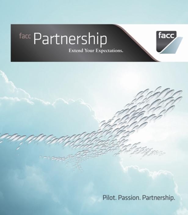 Eine Gruppe Fische formt ein Flugzeug am Himmel, darüber das FACC-Partnerschaftslogo.