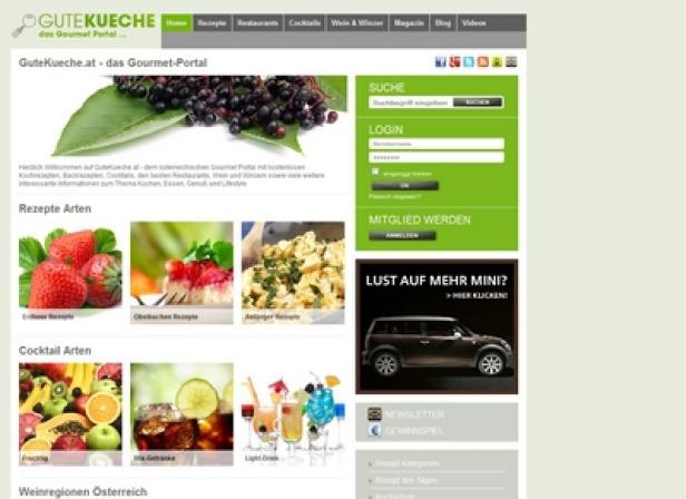 Die Startseite von GuteKueche.at, einem österreichischen Gourmet-Portal.