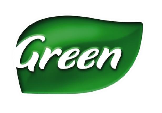 Das Wort „Green“ in weißer Schrift auf einem grünen Blatt.