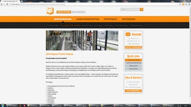 Die Webseite der AGL Gebäudereinigung mit Fokus auf Glas- und Fensterreinigung.