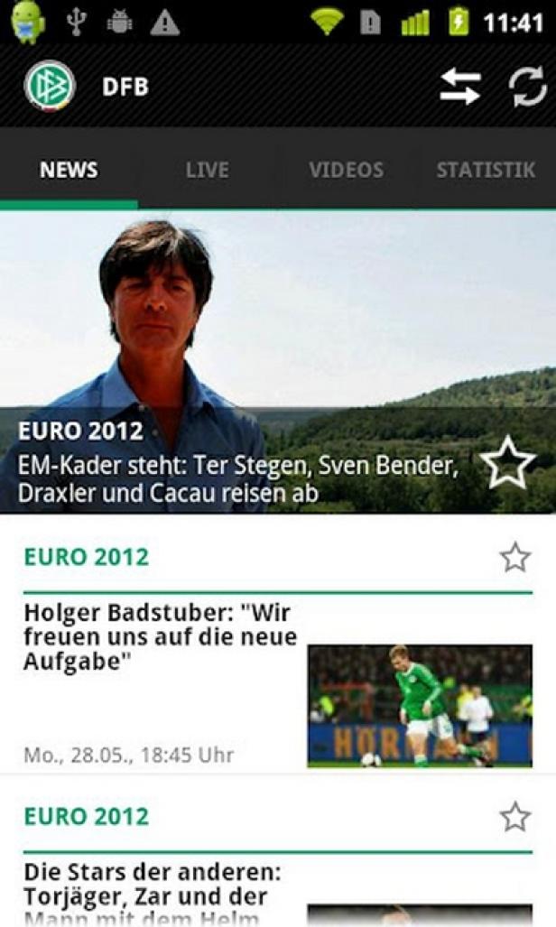 Ein Screenshot der DFB-App mit Nachrichten zur EURO 2012.