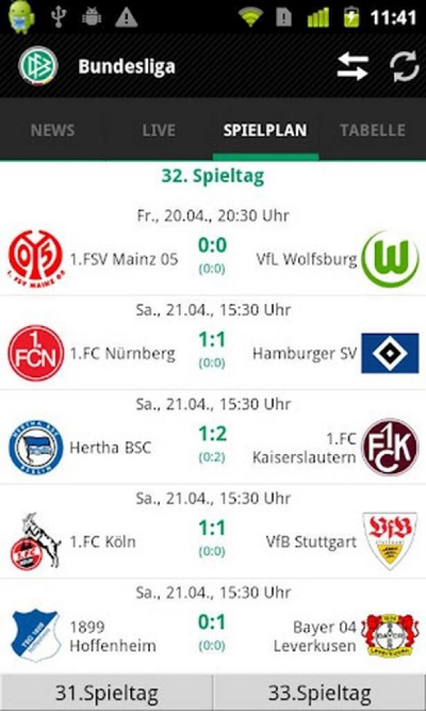 Ein Screenshot einer Bundesliga-Ergebnis-App, die Spielstände des 32. Spieltags anzeigt.