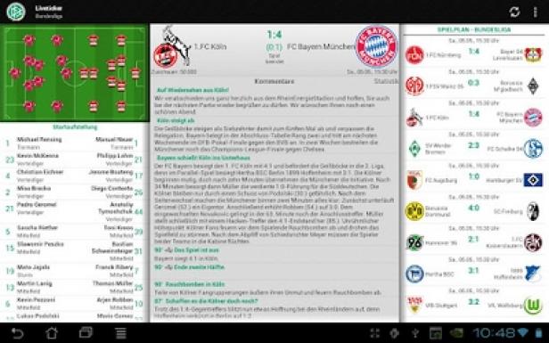 Ein Screenshot der Live-Ticker-App mit dem Bundesliga-Spielstand 1. FC Köln gegen Bayern München (1:4).