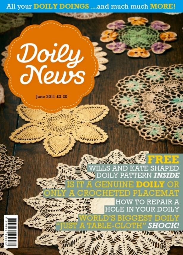 Lürzers's Archiv - Untouchable Covers - Leo Burnett/Arc London Das Cover der „Doily News“ Zeitschrift mit Häkeldeckchen und Artikelauszügen.