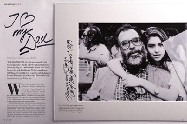 Ein Schwarzweißfoto von Francis Ford Coppola und Sofia Coppola, aufgenommen 1989.