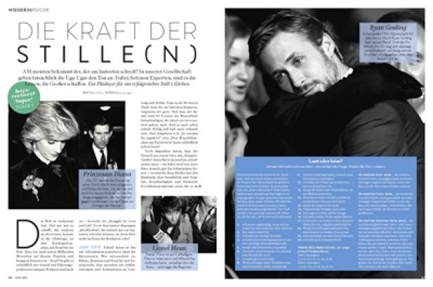 Eine Magazinseite mit Bildern von Prinzessin Diana, Lionel Messi und Ryan Gosling.