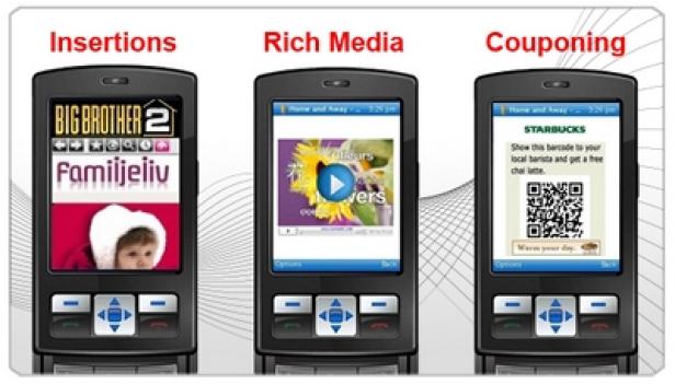 Drei Mobiltelefone zeigen verschiedene Werbeformen: Insertion, Rich Media und Couponing.