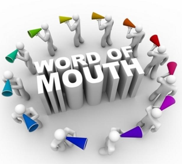 Figuren mit Megaphonen umgeben den Schriftzug „Word of Mouth“.