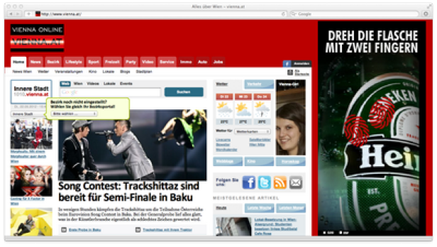 Die Webseite Vienna Online mit einem Artikel über den Song Contest und einer Heineken-Werbung.