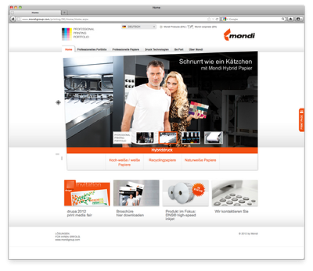 Die Webseite von Mondi präsentiert Hybridpapier mit einem Paar im Hintergrund.