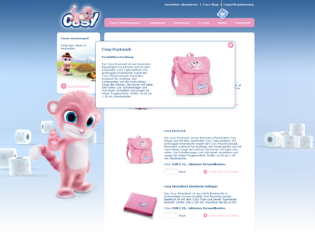 Ein rosafarbener Cosy-Rucksack wird auf einer Webseite beworben.