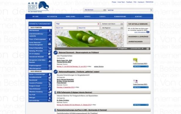 Die Webseite der ARS Akademie mit Seminarangeboten zu verschiedenen Themen.