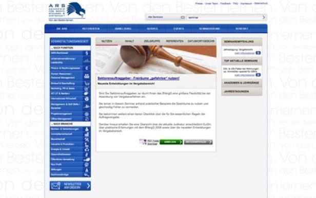 Ein Screenshot der ARS Akademie-Website zum Thema Vergaberecht.