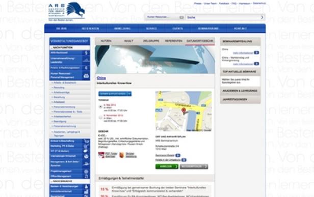 Ein Screenshot der ARS Seminare Website mit Fokus auf interkulturelle Trainings für China.
