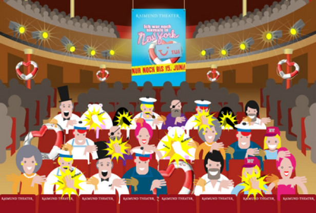 Eine stilisierte Darstellung eines Publikums im Raimund Theater vor einer Werbung für „Ich war noch niemals in New York“.