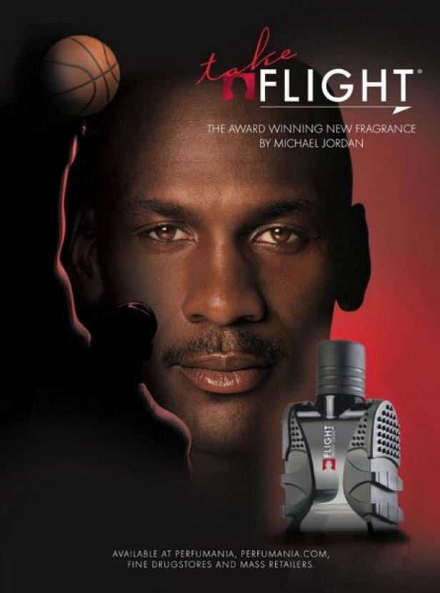 Werbung für „Flight“, einen neuen Duft von Michael Jordan, mit Jordans Gesicht und einem Basketball.
