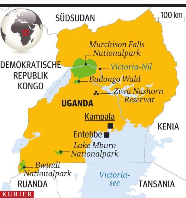 Eine Karte von Uganda mit hervorgehobenen Nationalparks und Städten wie Kampala und Entebbe.