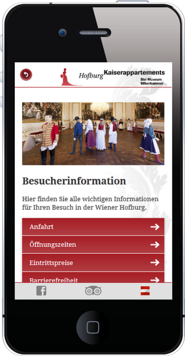 Hofburg zu Wien - Mobile Portal - Lucy Marx Ein iPhone zeigt die Webseite der Wiener Hofburg mit Informationen für Besucher.