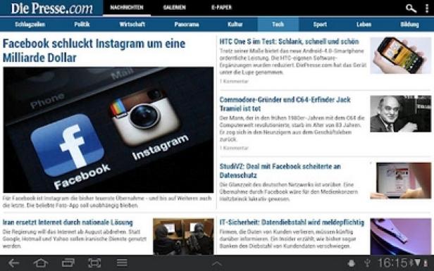 DiePresse.com - Android-Tablet-App - Smartphone - Tailored Apps Ein Screenshot der „Die Presse“-Website mit einer Schlagzeile über Facebooks Instagram-Kauf.