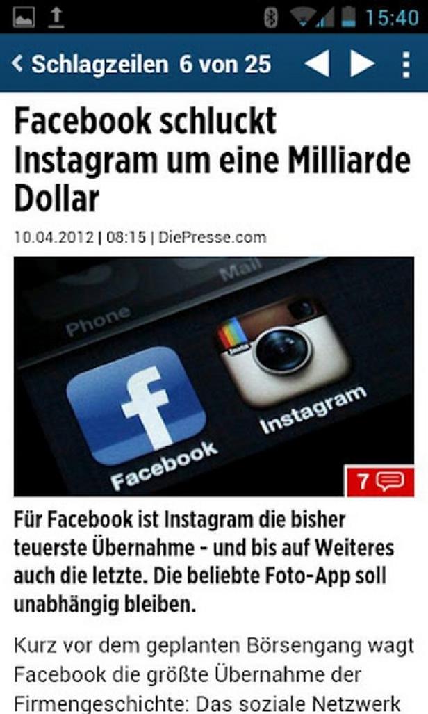 DiePresse.com - Android-App - Smartphone - Tailored Apps Die Logos von Facebook und Instagram auf einem Smartphone-Bildschirm.