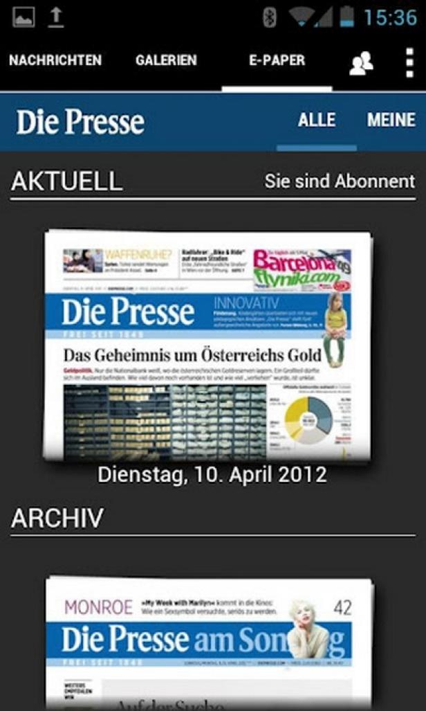 DiePresse.com - Android-App - Smartphone - Tailored Apps Screenshot der „Die Presse“-App mit Artikeln vom 10. April 2012.
