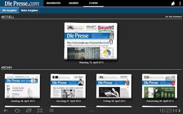 DiePresse.com - Android-Tablet-App - Smartphone - Tailored Apps Ein Tablet-Bildschirm zeigt die digitale Ausgabe der Zeitung „Die Presse“.