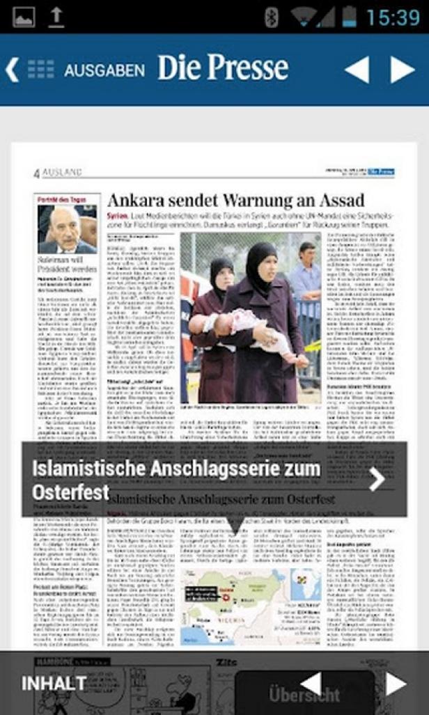 DiePresse.com - Android-App - Smartphone - Tailored Apps Eine Seite der Zeitung „Die Presse“ mit Artikeln über Ankara und eine islamistische Anschlagsserie zum Osterfest.