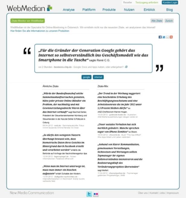 WebMedian - Zitate-Monitor (c: web median) Die Webseite von WebMedian mit Zitaten-Monitor zeigt einen Auszug eines Zitats über Google und Smartphones.