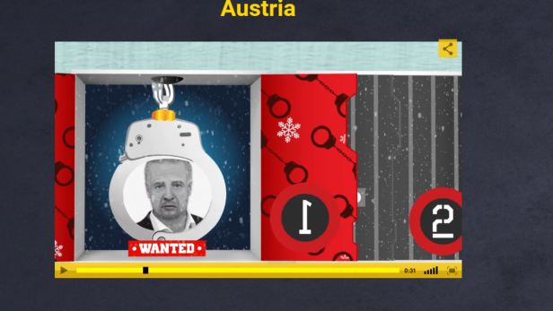 Ein „Wanted“-Poster mit dem Gesicht eines Mannes in Handschellen, das Österreich darstellt.