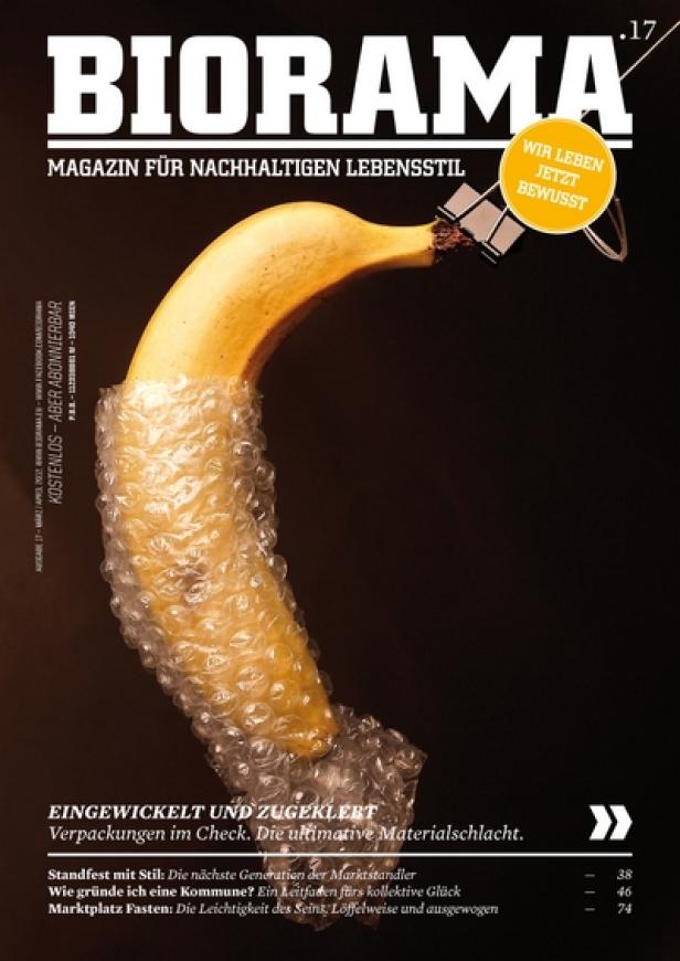Das Cover des „Biorama“-Magazins zeigt eine Banane, die in Luftpolsterfolie eingewickelt ist.