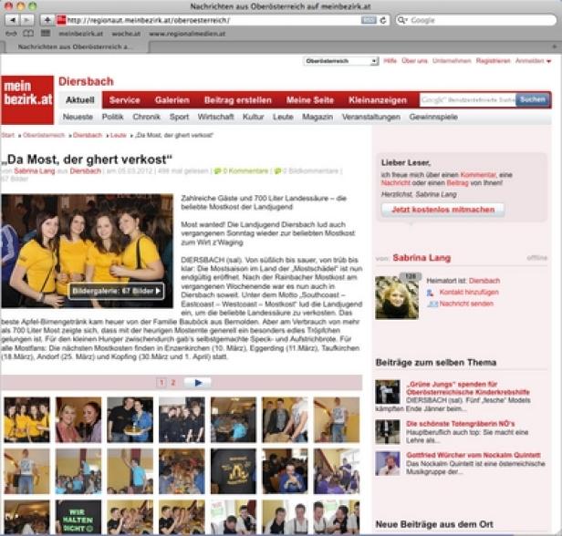 Eine Webseite von meinbezirk.at mit einem Artikel über ein Mostkosten der Landjugend Diersbach.