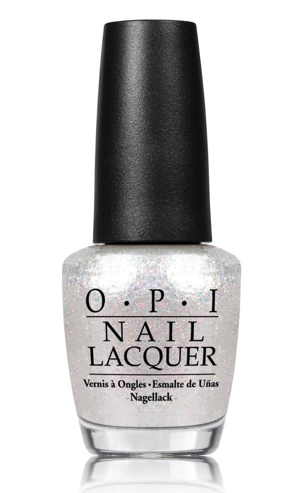 Eine Flasche OPI Nagellack mit silbernem Glitzerlack und schwarzem Deckel.