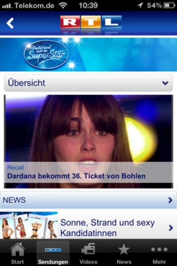 RTL Inside - iPhone-App - RTL Interactive Screenshot der RTL-App mit einer Kandidatin von „Deutschland sucht den Superstar“.