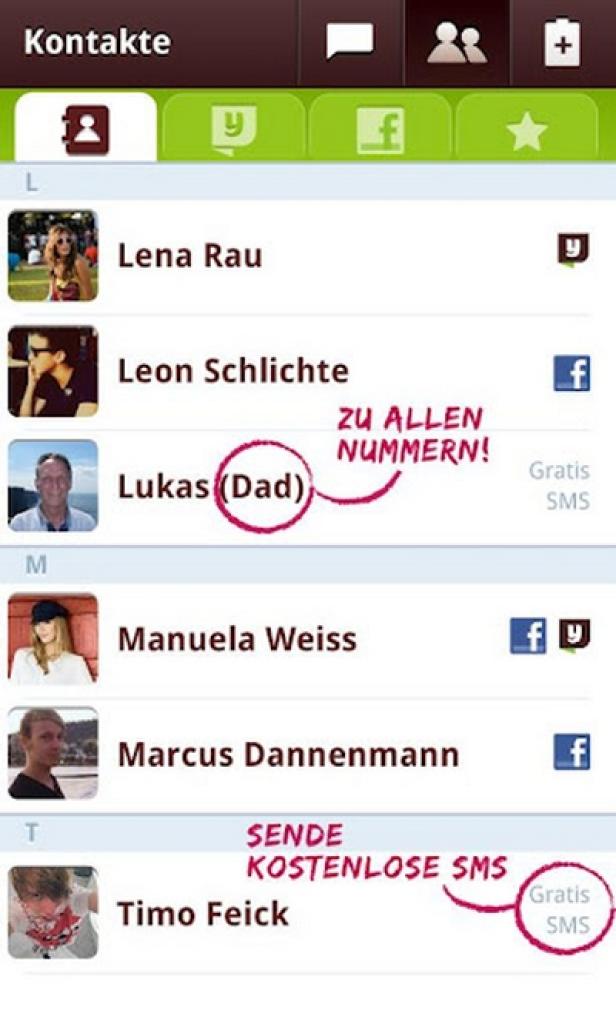 yuilop - SMS-App - Android Ein Screenshot einer Kontaktliste auf einem Smartphone.