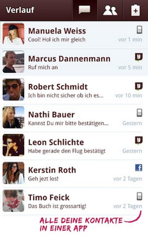 yuilop - SMS-App - Android Ein Screenshot einer Chat-App mit Profilbildern und Nachrichten von verschiedenen Kontakten.