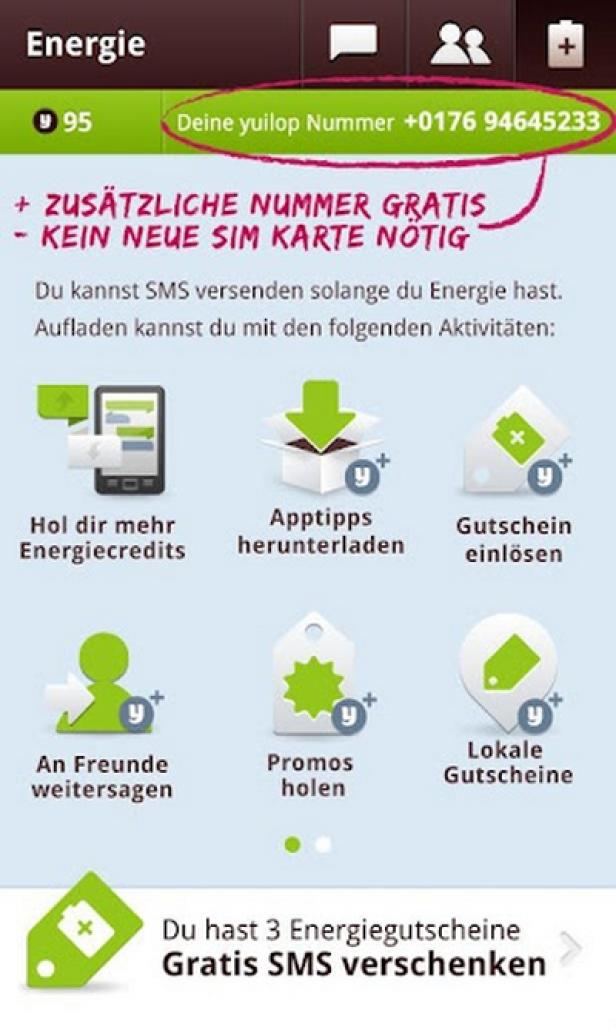 yuilop - SMS-App - Android Ein Screenshot der Yuilop-App mit Informationen zu Energiecredits und Aktionen.
