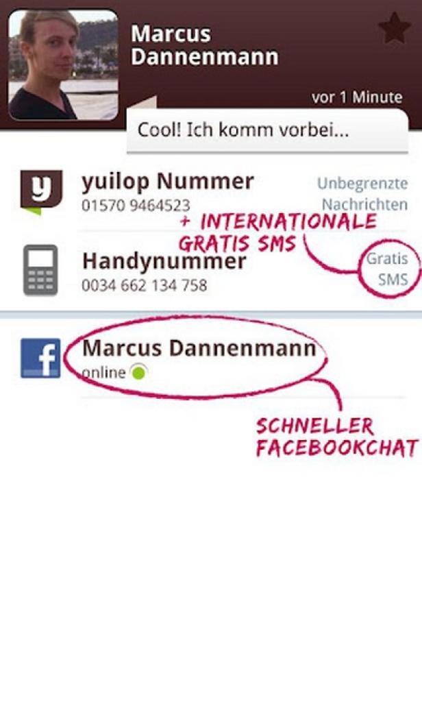 yuilop - SMS-App - Android Ein Screenshot einer Social-Media-App mit dem Profil von Marcus Dannenmann.
