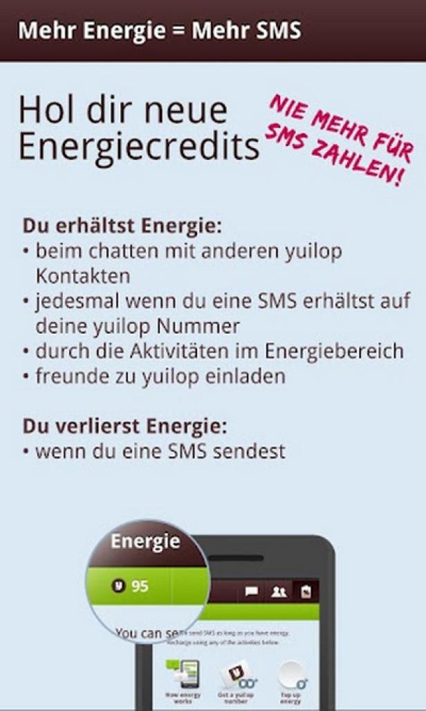 yuilop - SMS-App - Android Eine Werbung für „yuilop“ mit dem Slogan „Nie mehr für SMS zahlen!“.
