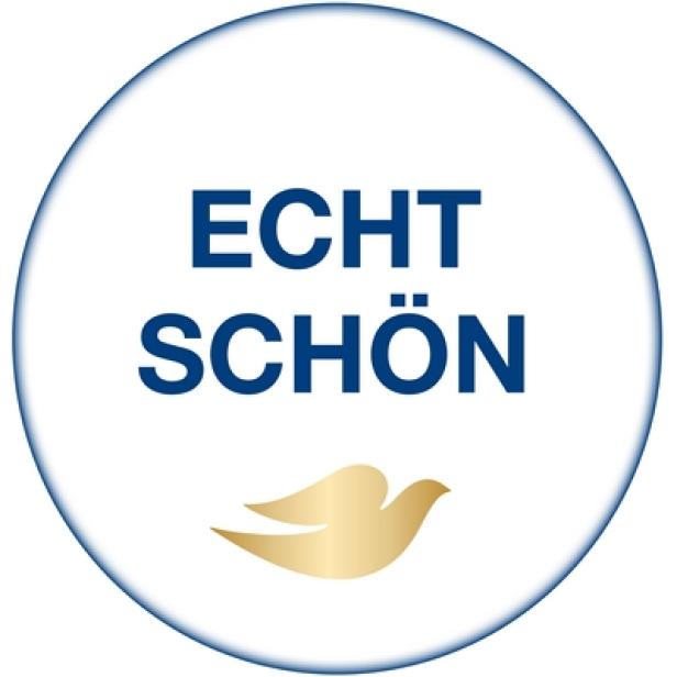 Dove - Kampagne 2012 - Social Media - Facebook-App Echt Schön (c: dove österreich) Das Dove-Logo mit dem Slogan „Echt Schön“ in einem blauen Kreis.