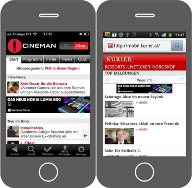 okia Lumia - Mobile Kampagne - Mobile Advertising - Display Ads - Banner - IQ mobile Zwei Smartphones zeigen Apps und Nachrichten, darunter „Cineman“ und „Kurier“.
