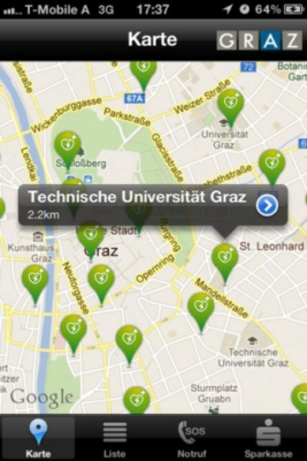 Ein Screenshot einer Karten-App mit Standorten in Graz, Österreich.