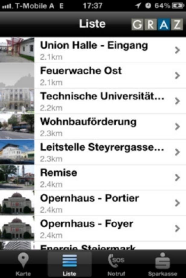 Ein Screenshot einer App-Liste mit verschiedenen Orten in Graz.